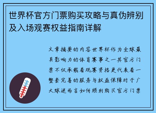 世界杯官方门票购买攻略与真伪辨别及入场观赛权益指南详解